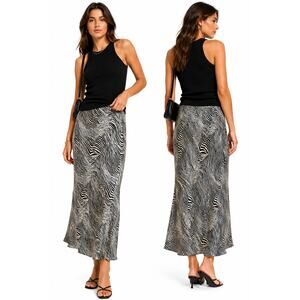 Zara Zebra Print Satin Midi Skirt Black White Animal Print Slip Skirt Medium